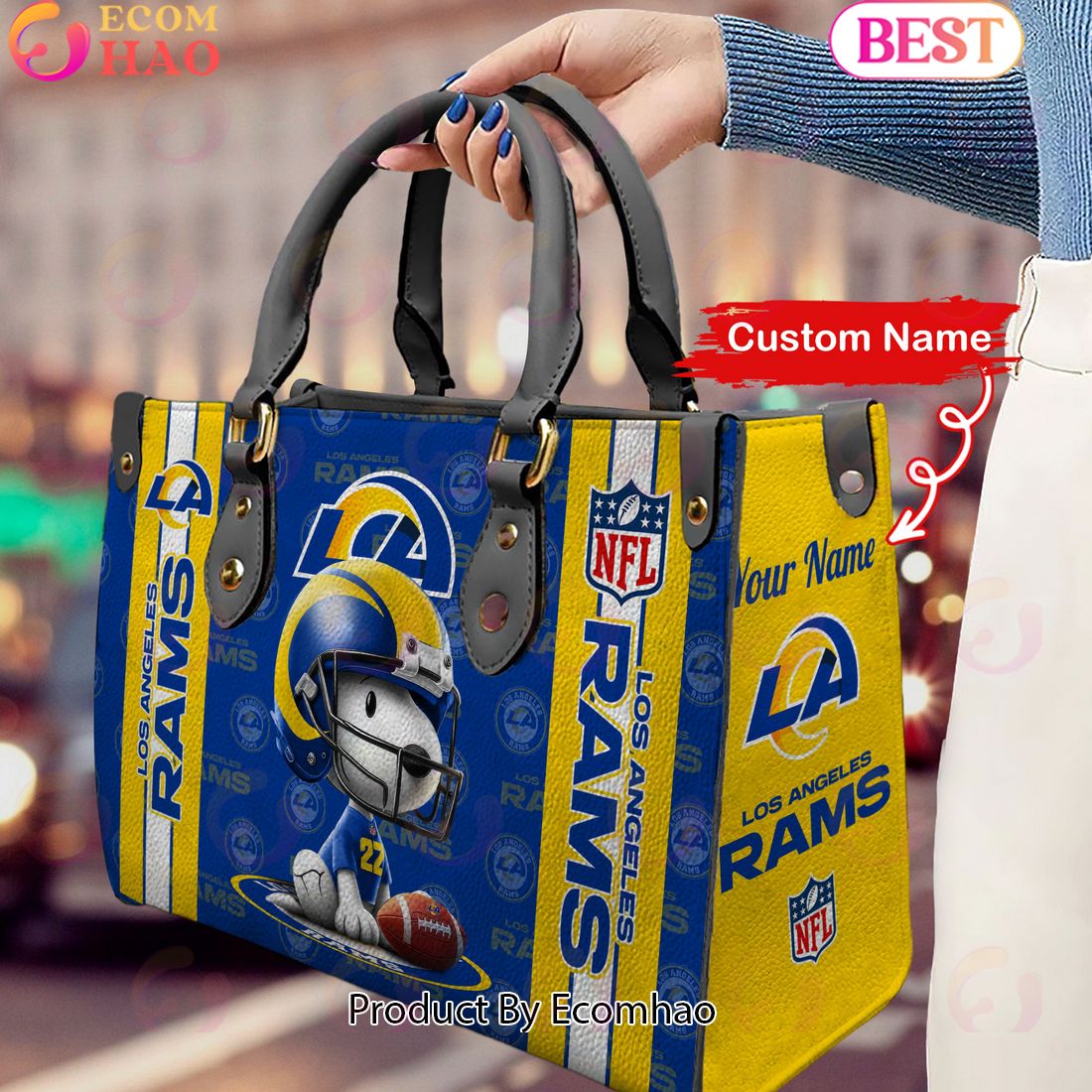 Custom Name NFL Los Angeles Rams Snoopy 3D Women Leather Hand Bag