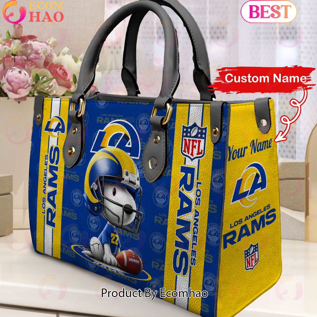 Custom Name NFL Los Angeles Rams Snoopy 3D Women Leather Hand Bag