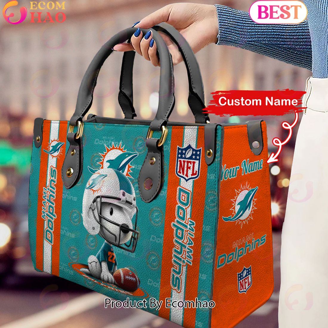 Custom Name NFL Miami Dolphins Snoopy 3D Women Leather Hand Bag