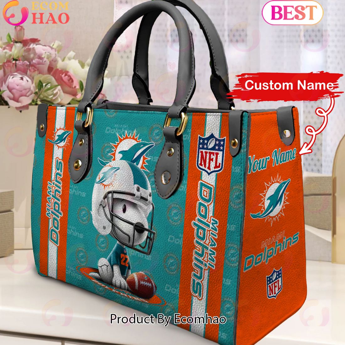 Custom Name NFL Miami Dolphins Snoopy 3D Women Leather Hand Bag