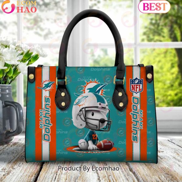 Custom Name NFL Miami Dolphins Snoopy 3D Women Leather Hand Bag
