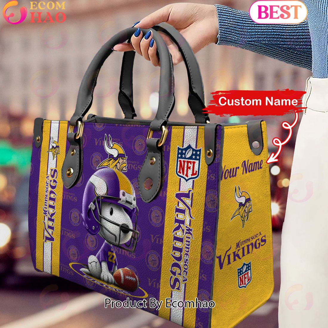 Custom Name NFL Minnesota Vikings Snoopy 3D Women Leather Hand Bag