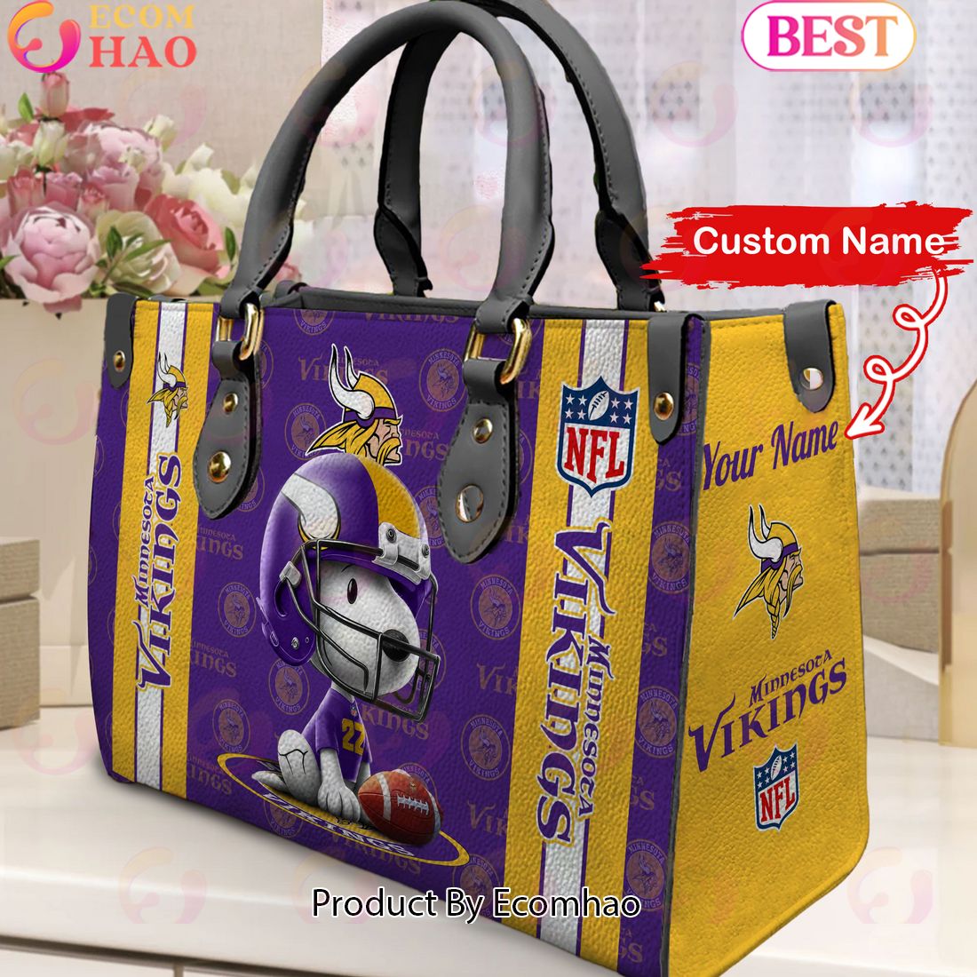 Custom Name NFL Minnesota Vikings Snoopy 3D Women Leather Hand Bag