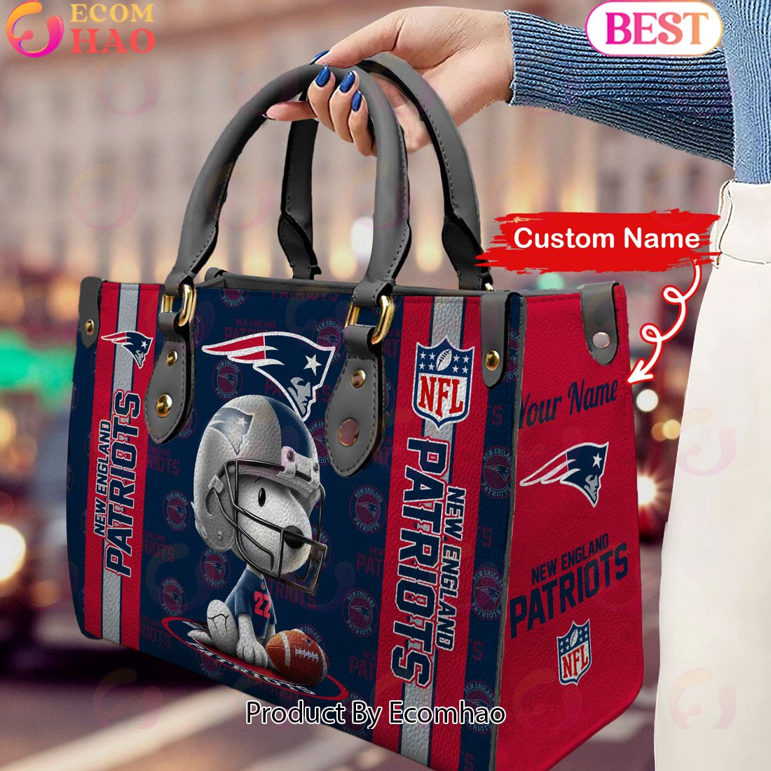 Custom Name NFL New England Patriots Snoopy 3D Women Leather Hand Bag