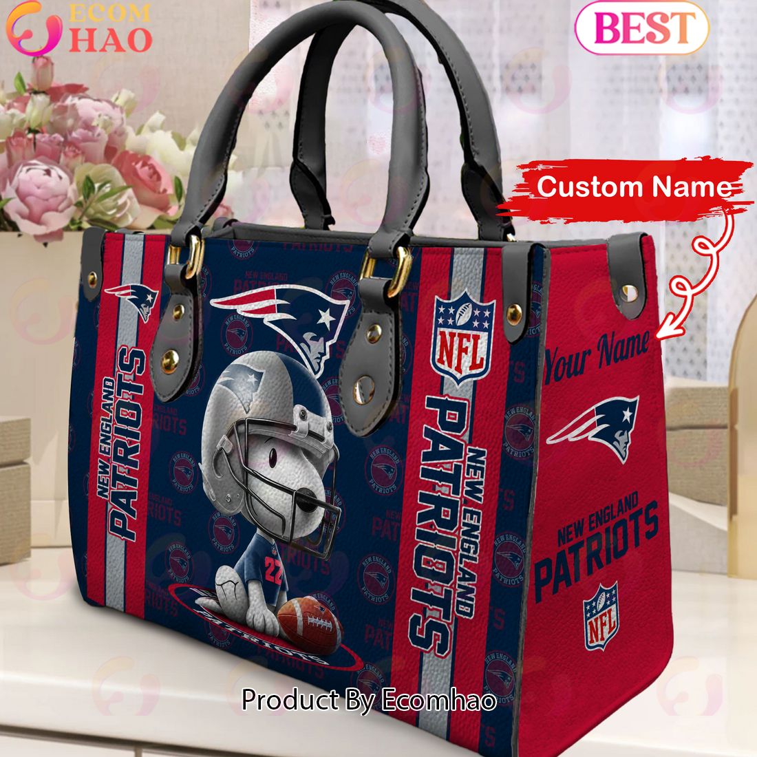 Custom Name NFL New England Patriots Snoopy 3D Women Leather Hand Bag