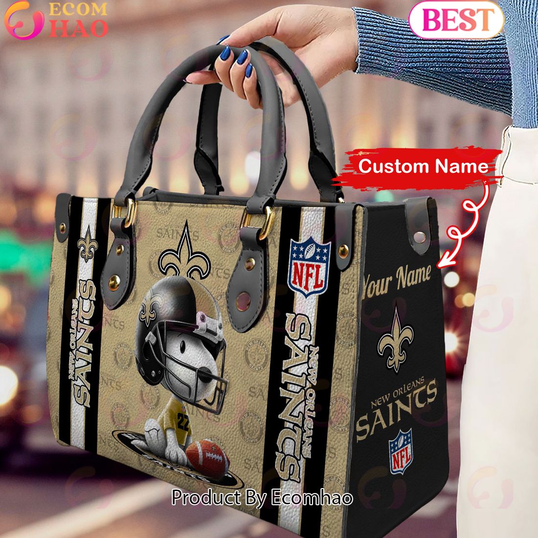 Custom Name NFL New Orleans Saints Snoopy 3D Women Leather Hand Bag