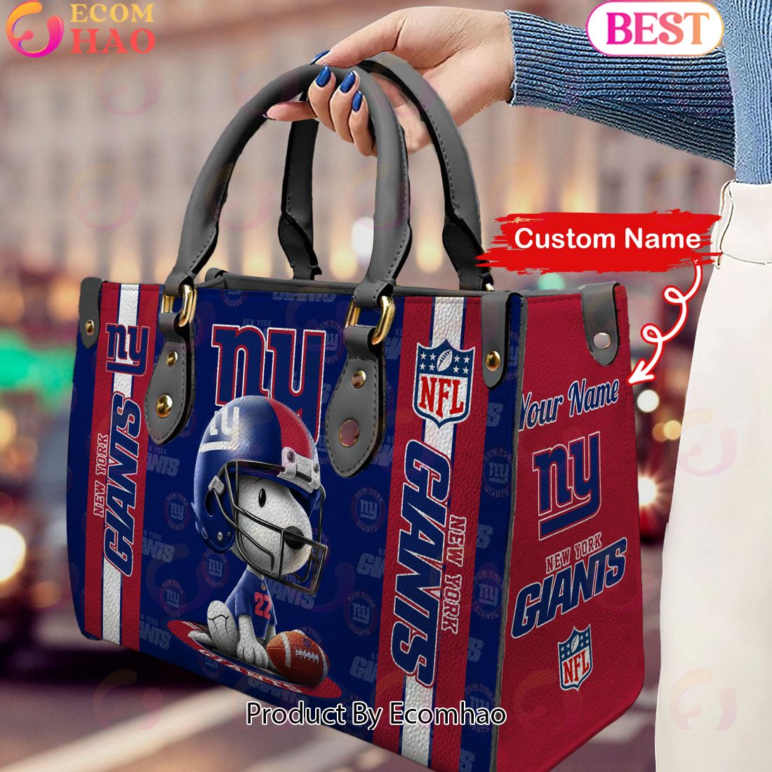 Custom Name NFL New York Giants Snoopy 3D Women Leather Hand Bag