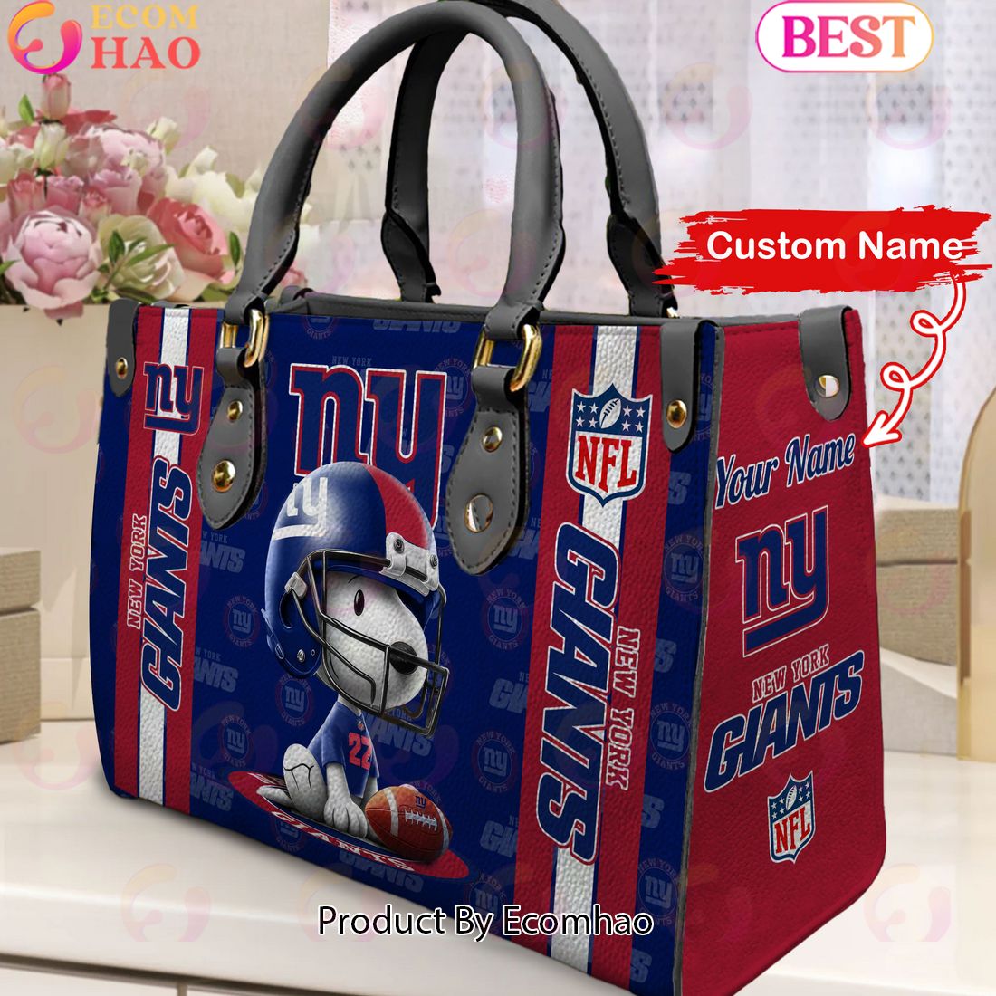 Custom Name NFL New York Giants Snoopy 3D Women Leather Hand Bag