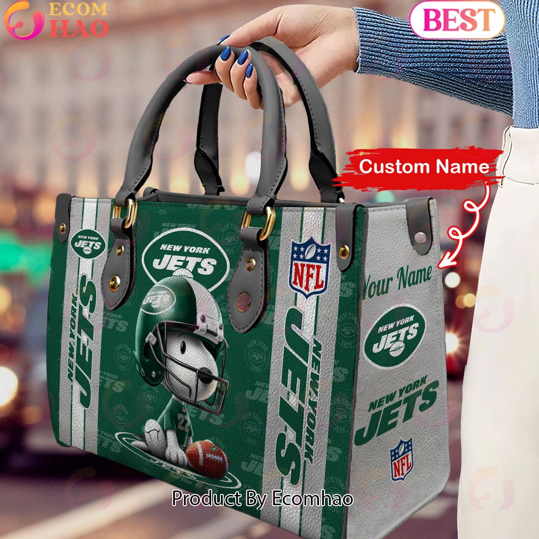 Custom Name NFL New York Jets Snoopy 3D Women Leather Hand Bag