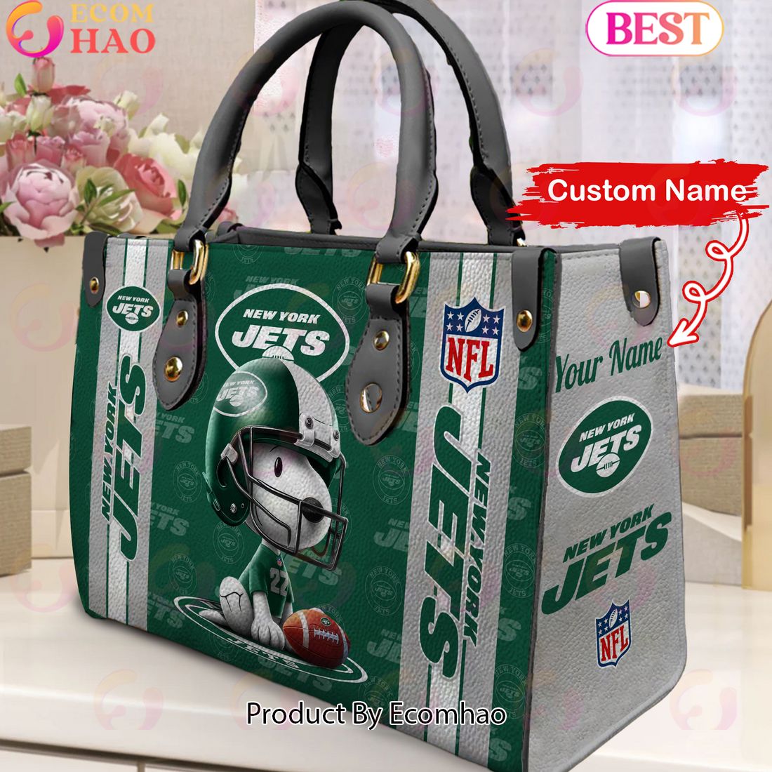 Custom Name NFL New York Jets Snoopy 3D Women Leather Hand Bag