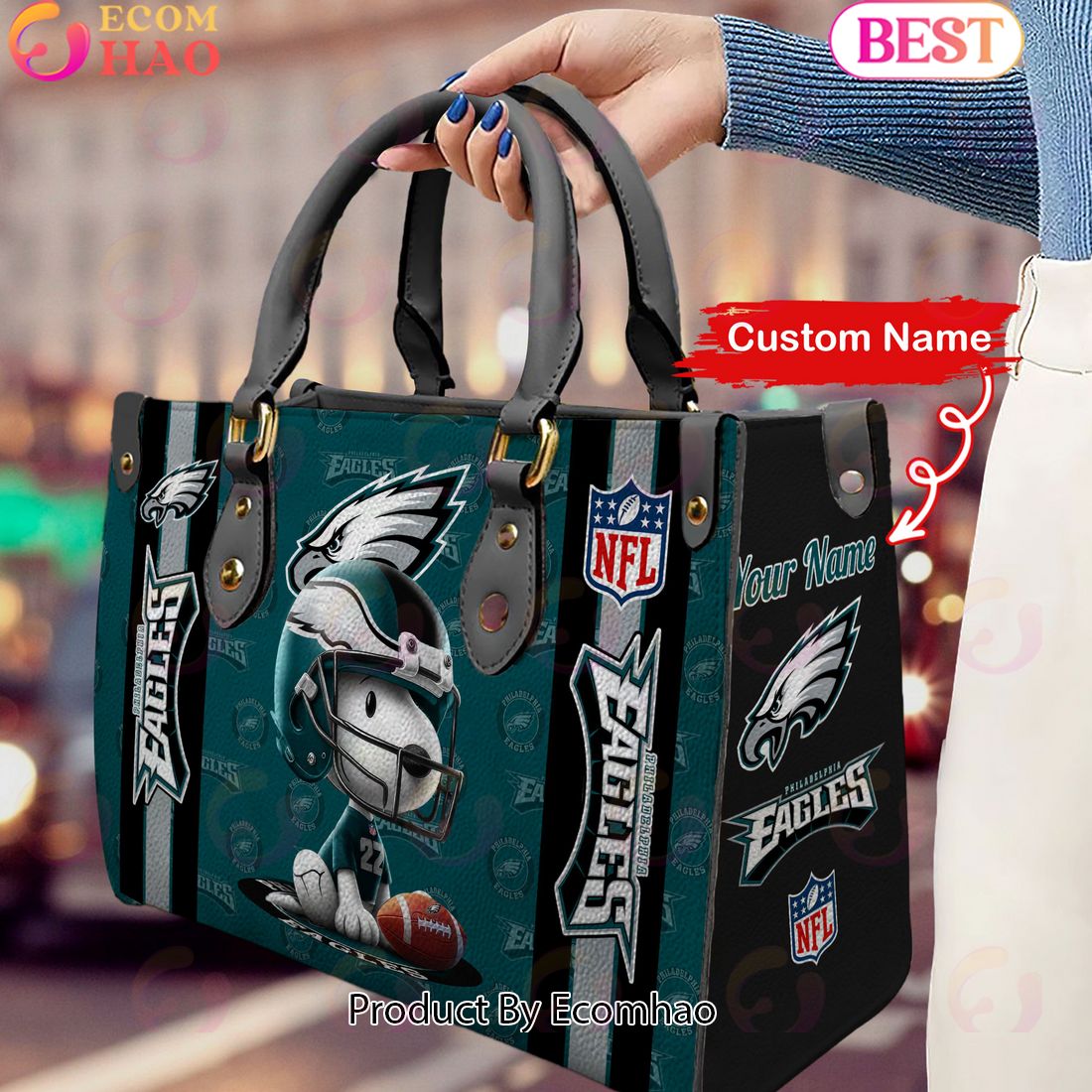 Custom Name NFL Philadelphia Eagles Snoopy 3D Women Leather Hand Bag