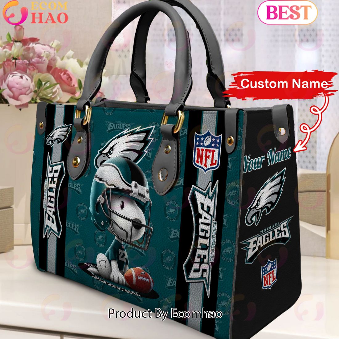 Custom Name NFL Philadelphia Eagles Snoopy 3D Women Leather Hand Bag