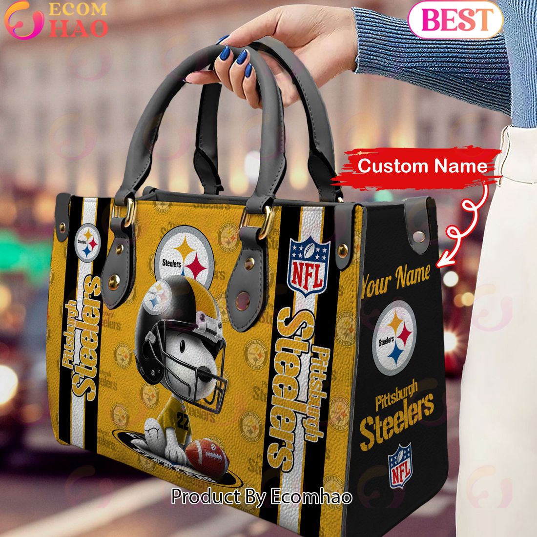 Custom Name NFL Pittsburgh Steelers Snoopy 3D Women Leather Hand Bag