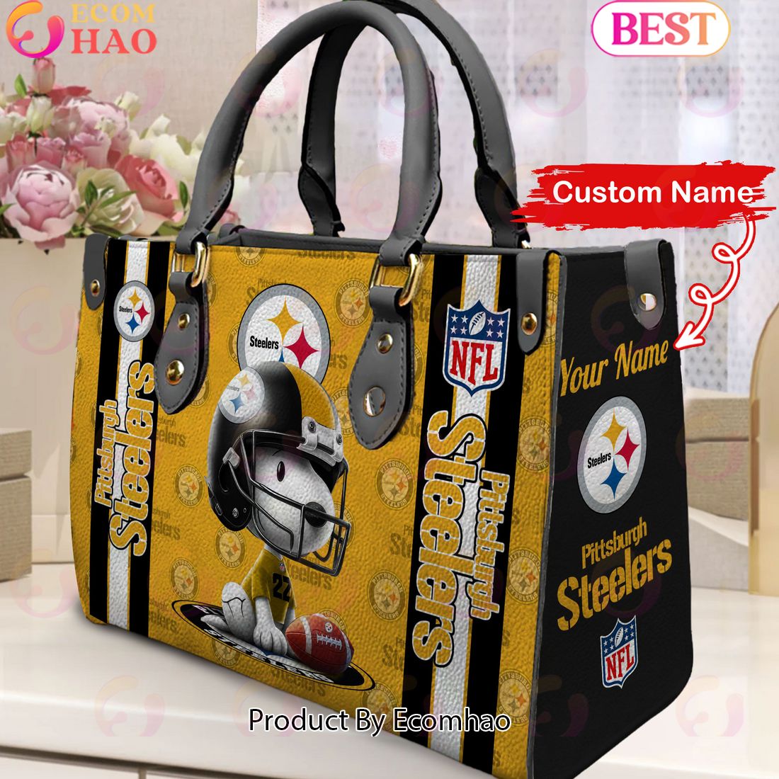 Custom Name NFL Pittsburgh Steelers Snoopy 3D Women Leather Hand Bag