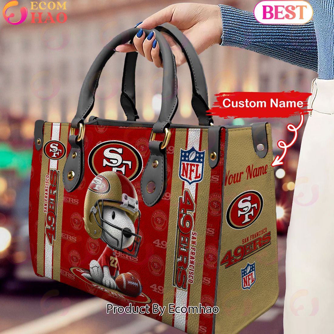 Custom Name NFL San Francisco 49ers Snoopy 3D Women Leather Hand Bag