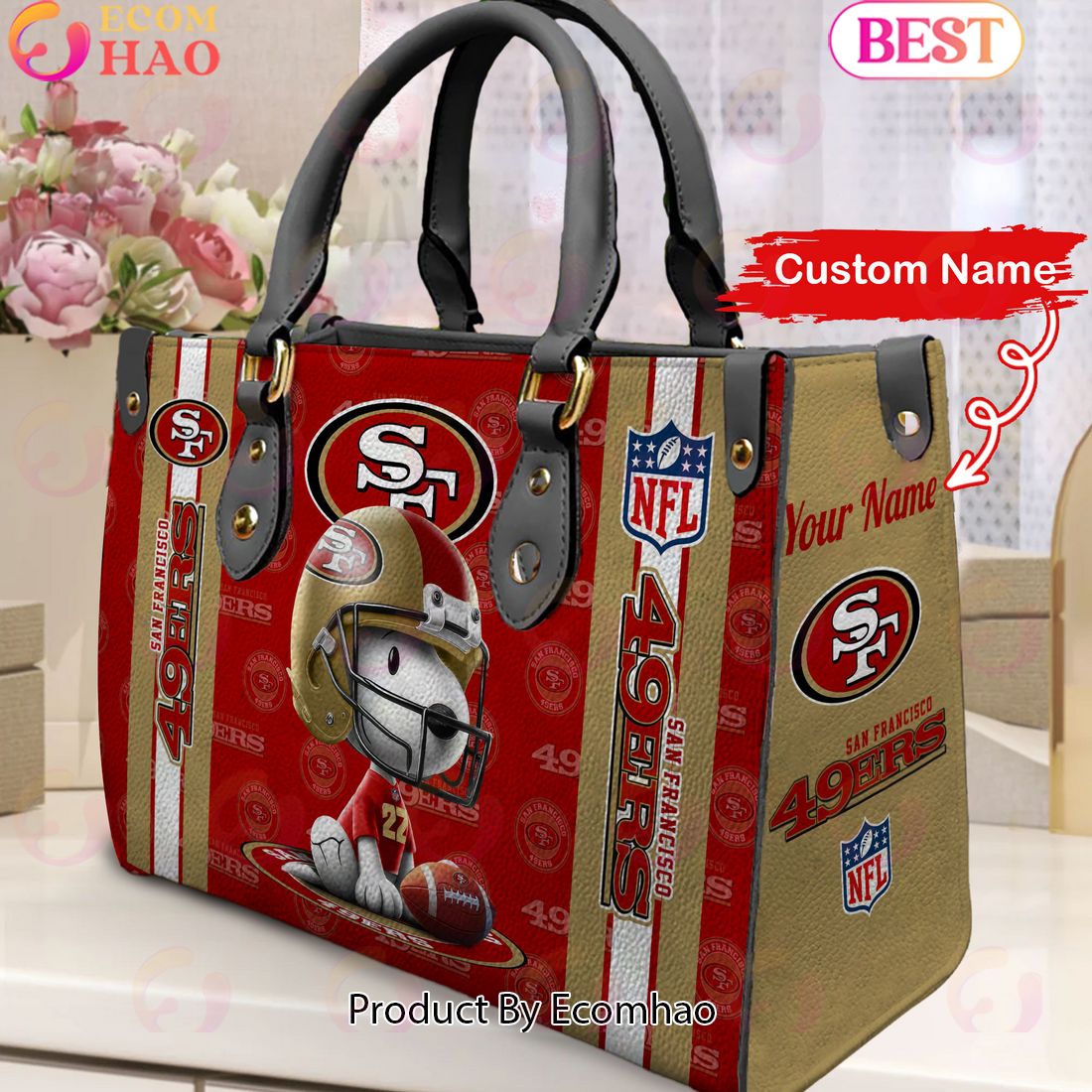 Custom Name NFL San Francisco 49ers Snoopy 3D Women Leather Hand Bag