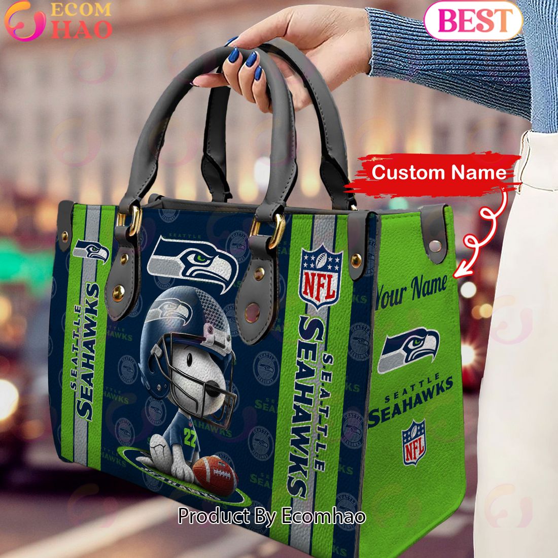 Custom Name NFL Seattle Seahawks Snoopy 3D Women Leather Hand Bag