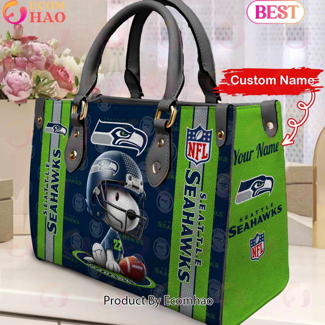 Custom Name NFL Seattle Seahawks Snoopy 3D Women Leather Hand Bag