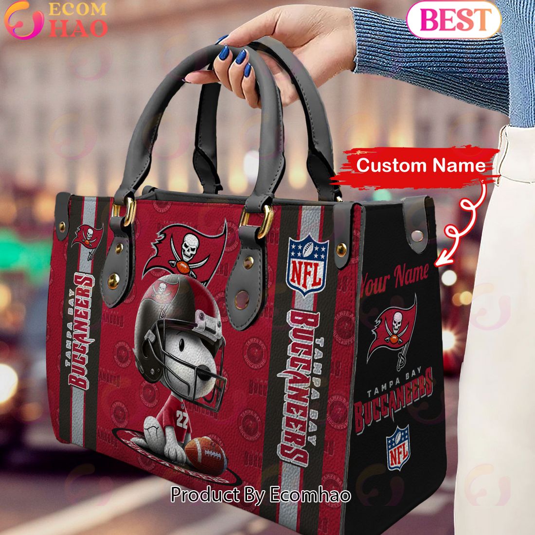 Custom Name NFL Tampa Bay Buccaneers Snoopy 3D Women Leather Hand Bag