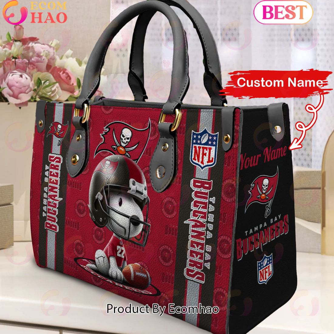 Custom Name NFL Tampa Bay Buccaneers Snoopy 3D Women Leather Hand Bag