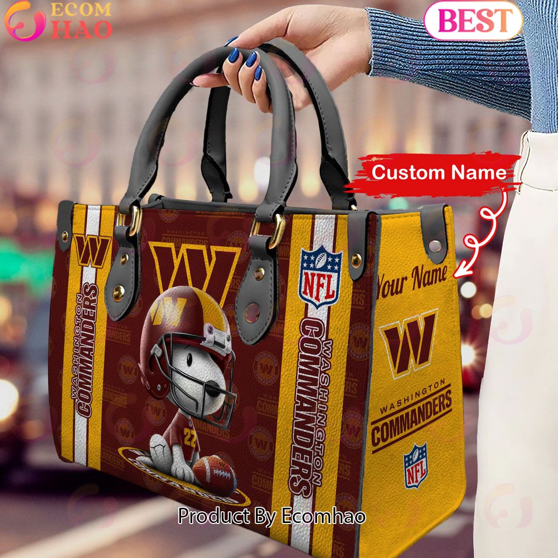 Custom Name NFL Washington Commanders Snoopy 3D Women Leather Hand Bag