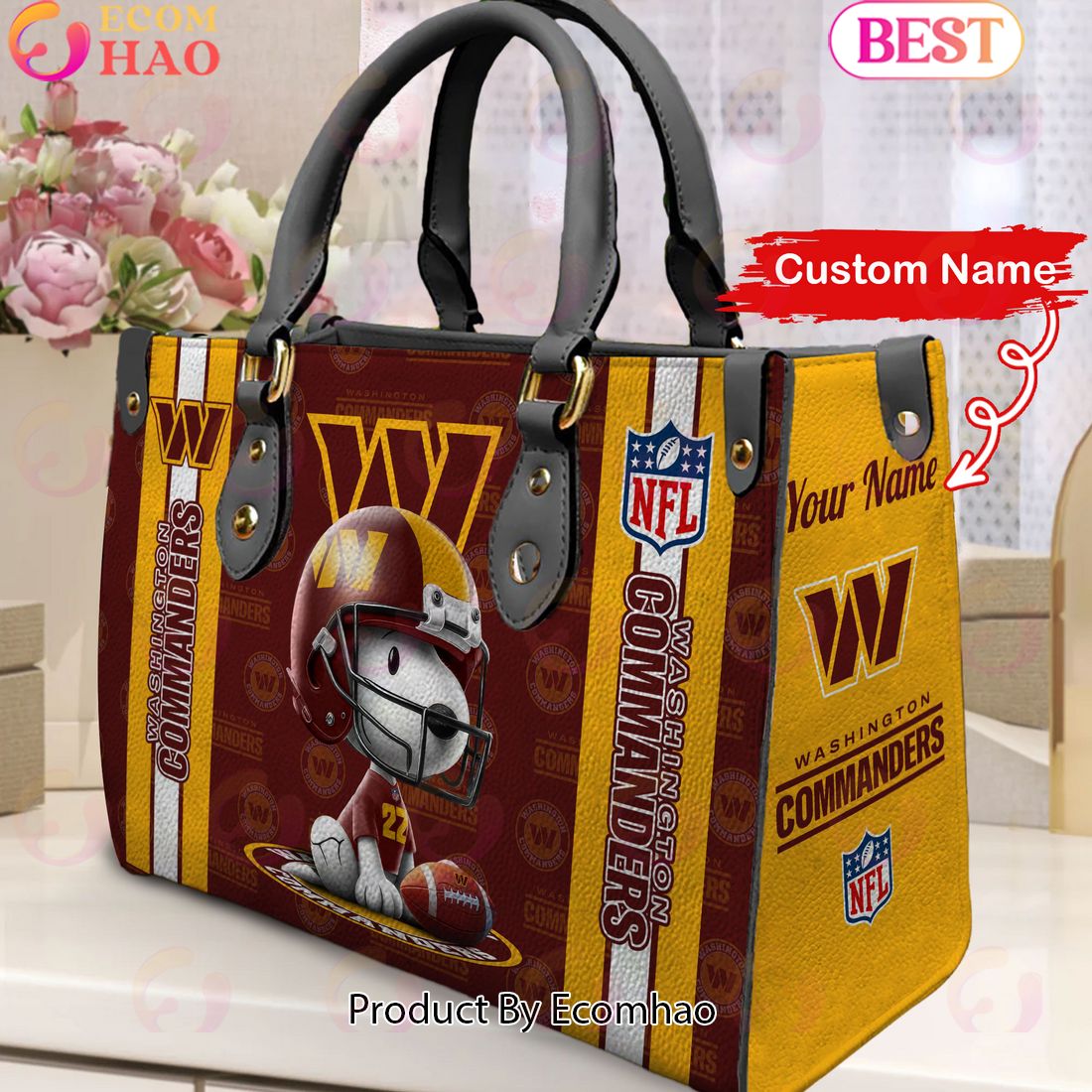 Custom Name NFL Washington Commanders Snoopy 3D Women Leather Hand Bag