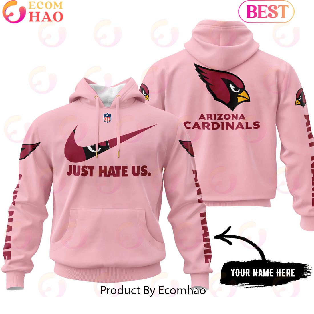 Just Hate Us Pink Custom Name Arizona Cardinals Hoodie