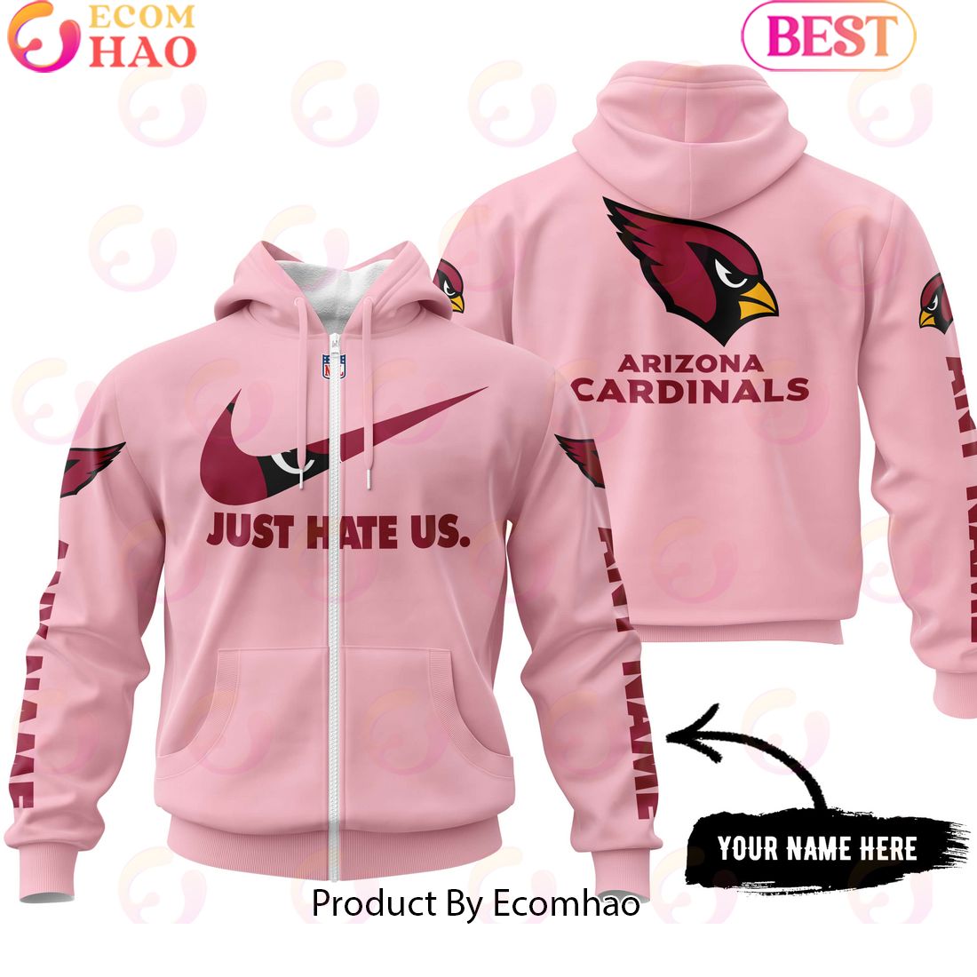 Just Hate Us Pink Custom Name Arizona Cardinals Hoodie