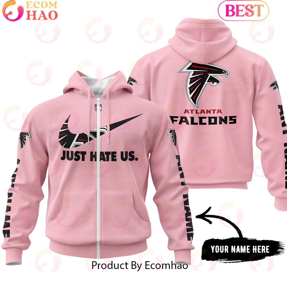 Just Hate Us Pink Custom Name Atlanta Falcons Hoodie