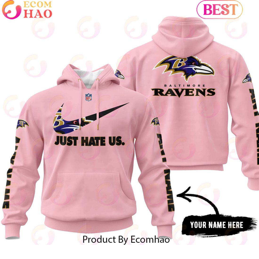 Just Hate Us Pink Custom Name Baltimore Ravens Hoodie