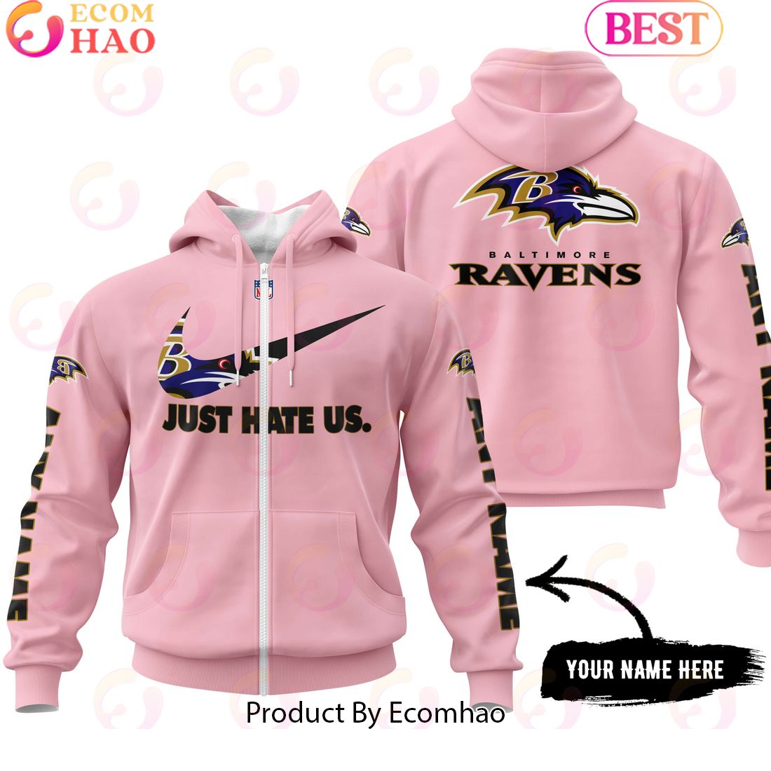 Just Hate Us Pink Custom Name Baltimore Ravens Hoodie