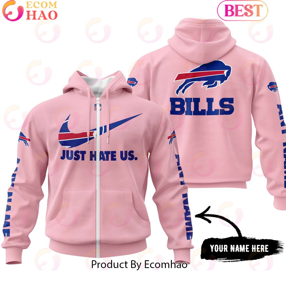 Just Hate Us Pink Custom Name Buffalo Bills Hoodie