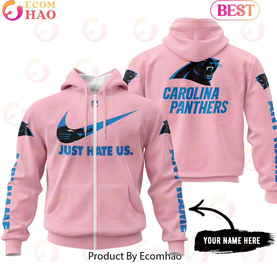 Just Hate Us Pink Custom Name Carolina Panthers Hoodie