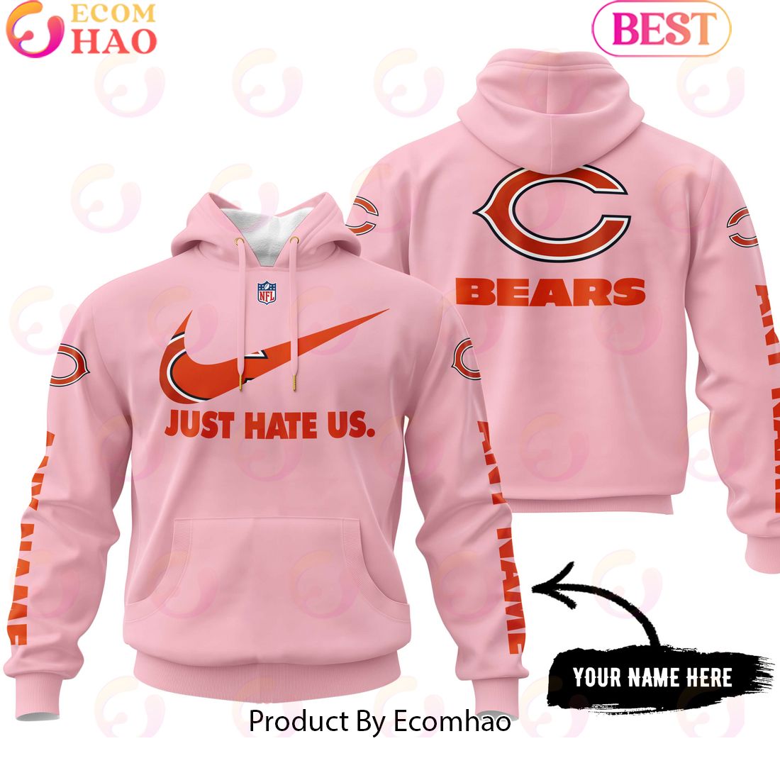 Just Hate Us Pink Custom Name Chicago Bears Hoodie