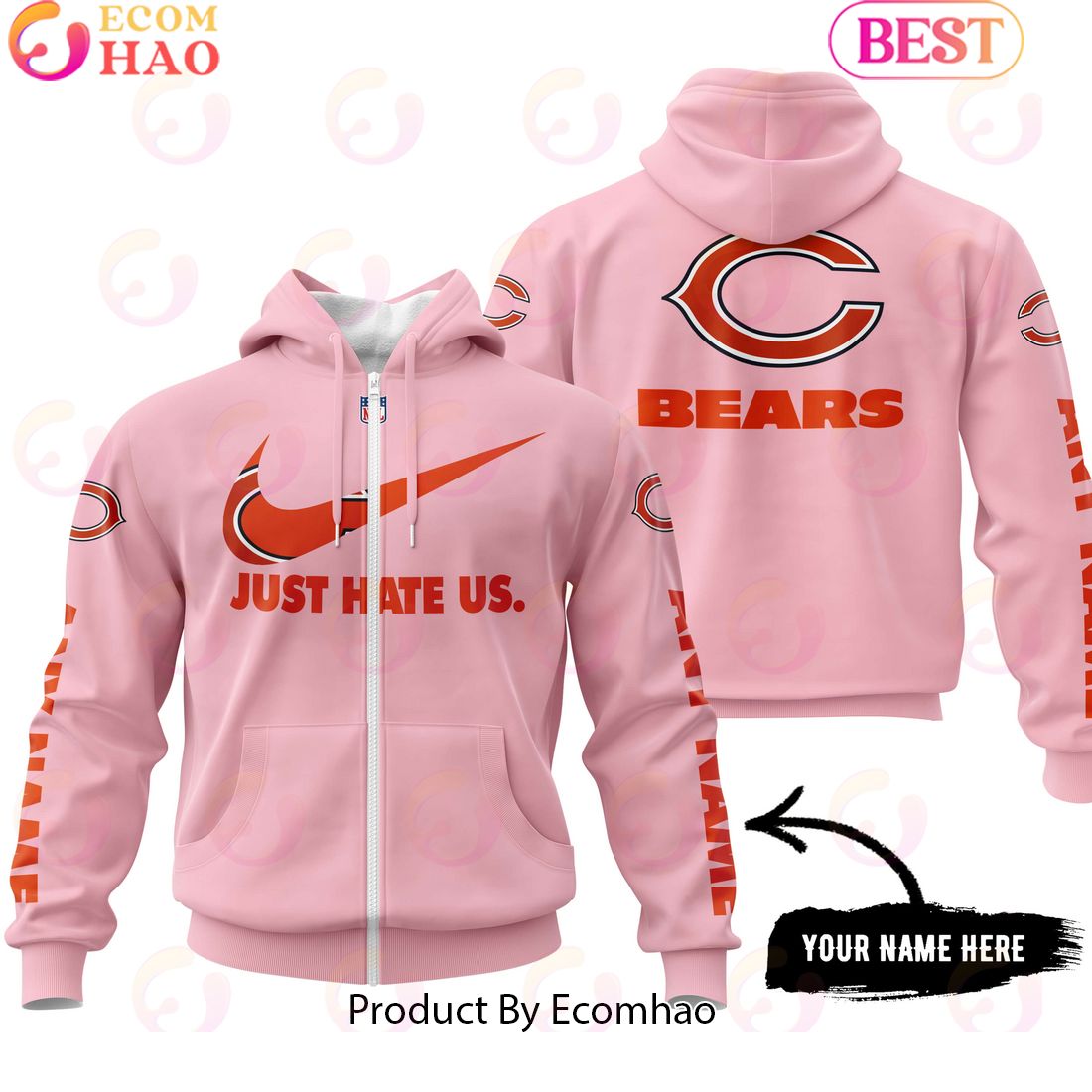 Just Hate Us Pink Custom Name Chicago Bears Hoodie