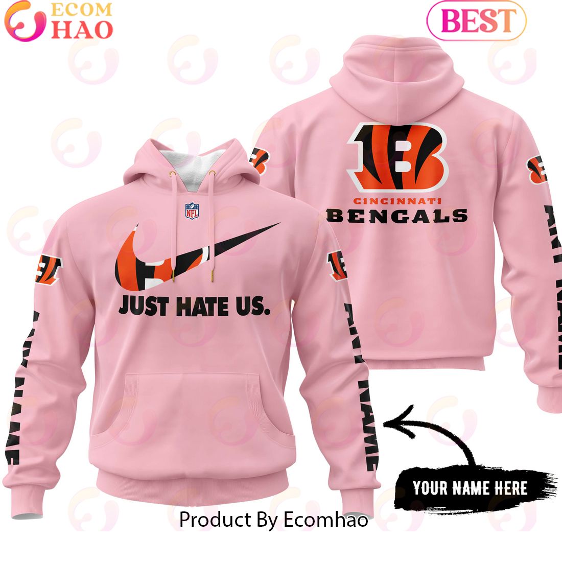 Just Hate Us Pink Custom Name Cincinnati Bengals Hoodie