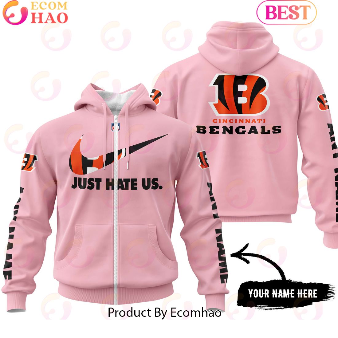 Just Hate Us Pink Custom Name Cincinnati Bengals Hoodie