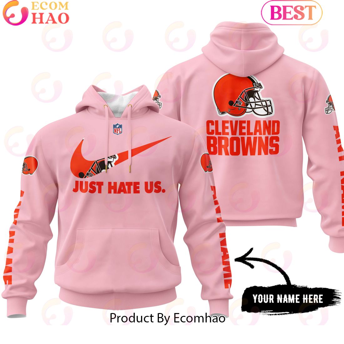 Just Hate Us Pink Custom Name Cleveland Browns Hoodie