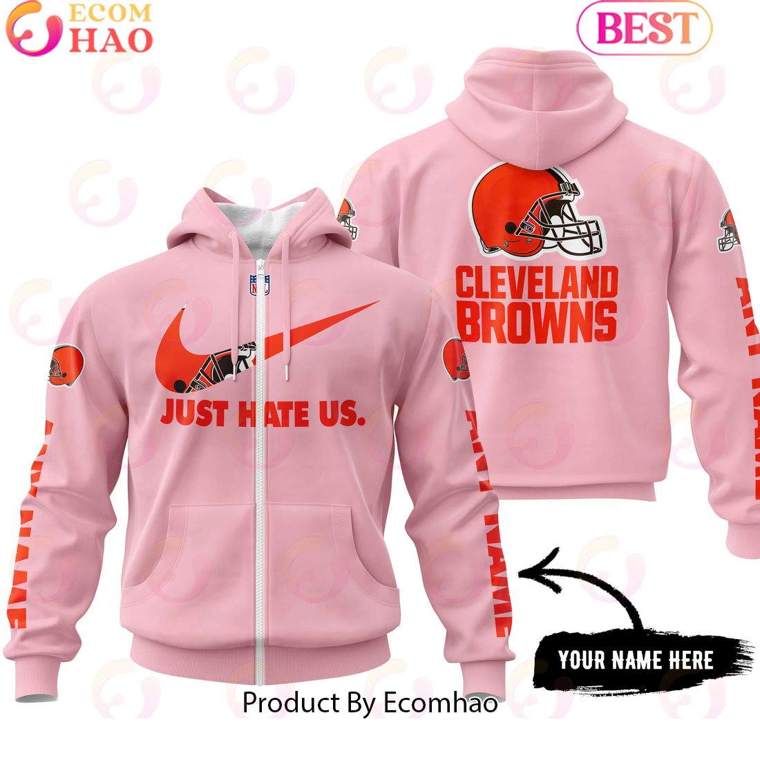 Just Hate Us Pink Custom Name Cleveland Browns Hoodie