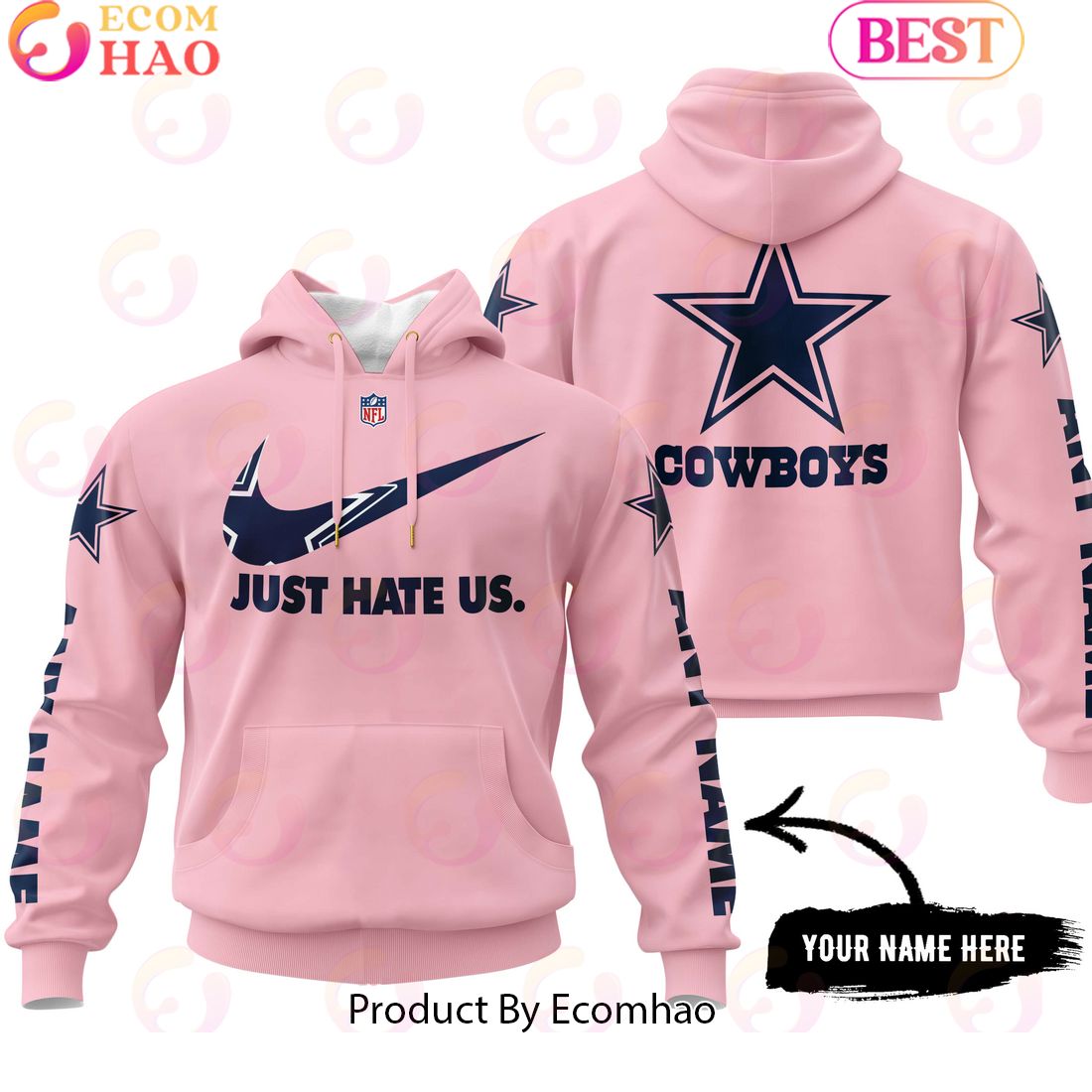 Just Hate Us Pink Custom Name Dallas Cowboys Hoodie