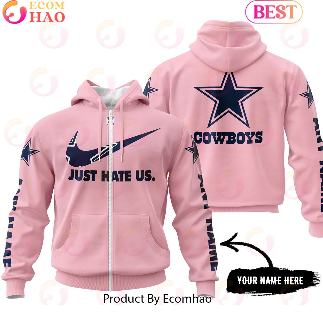 Just Hate Us Pink Custom Name Dallas Cowboys Hoodie