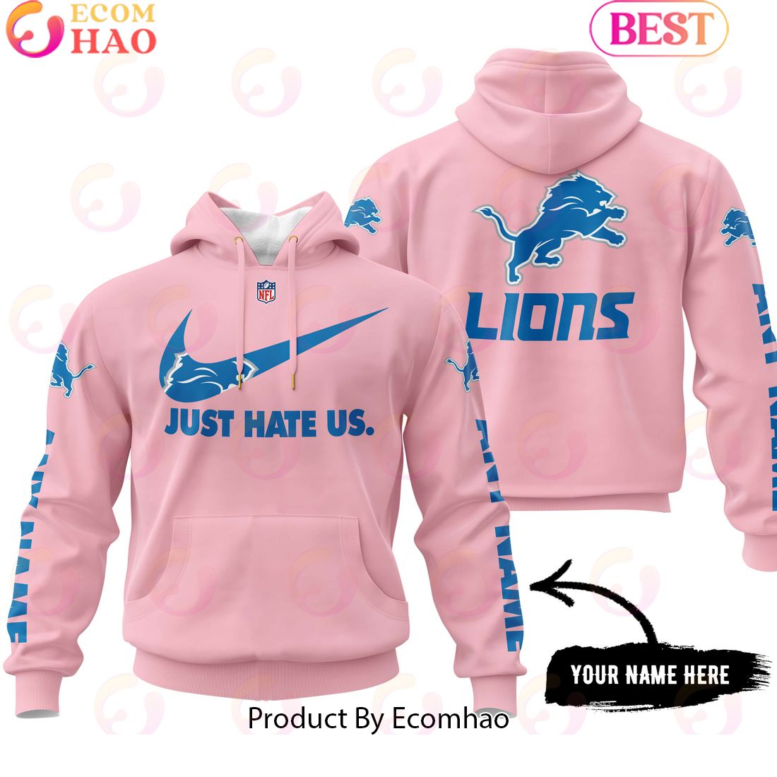 Just Hate Us Pink Custom Name Detroit Lions Hoodie