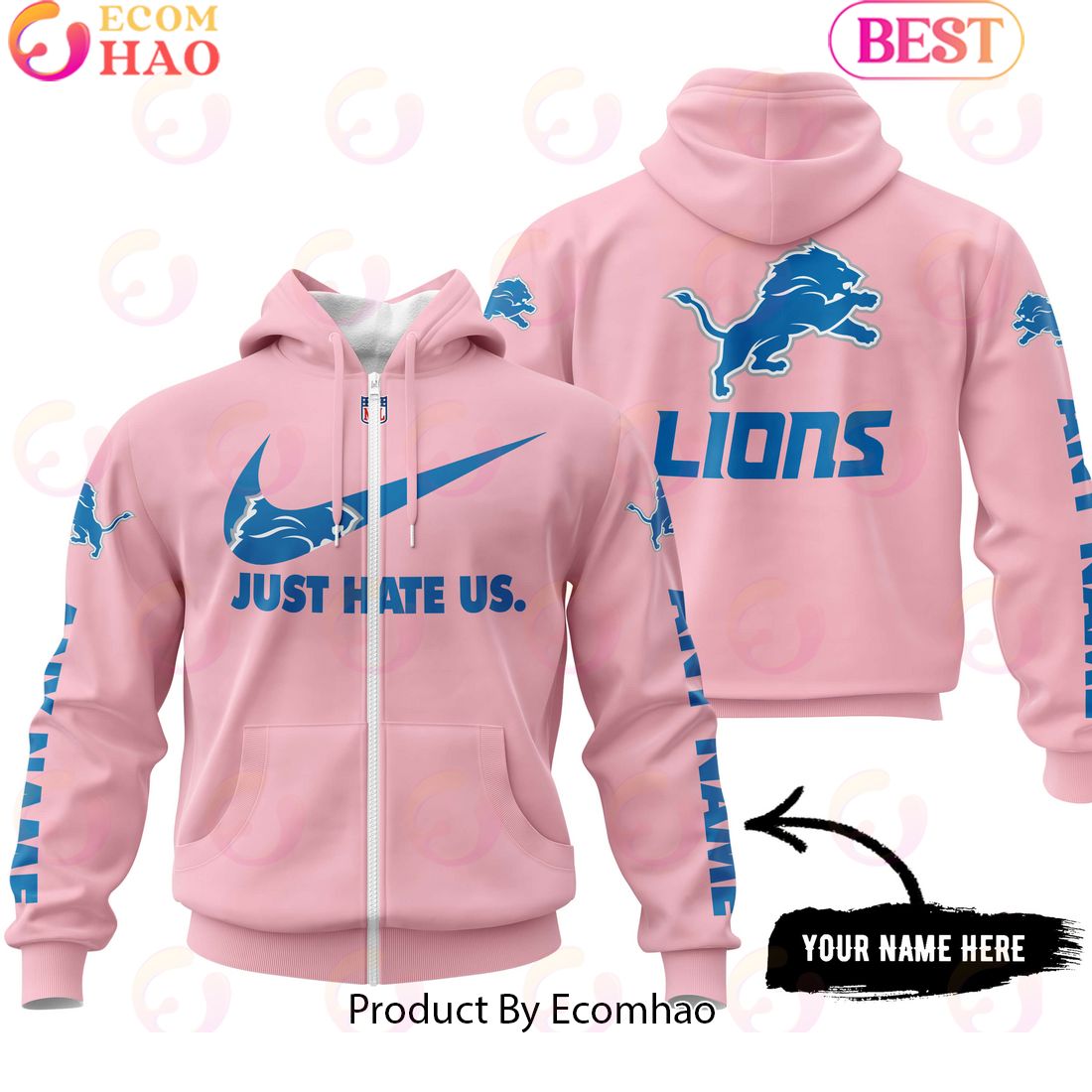 Just Hate Us Pink Custom Name Detroit Lions Hoodie