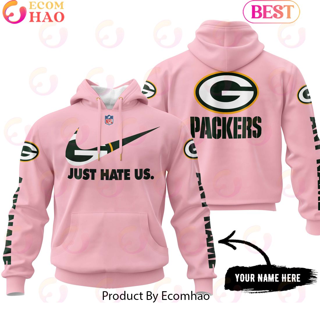 Just Hate Us Pink Custom Name Green Bay Packers Hoodie