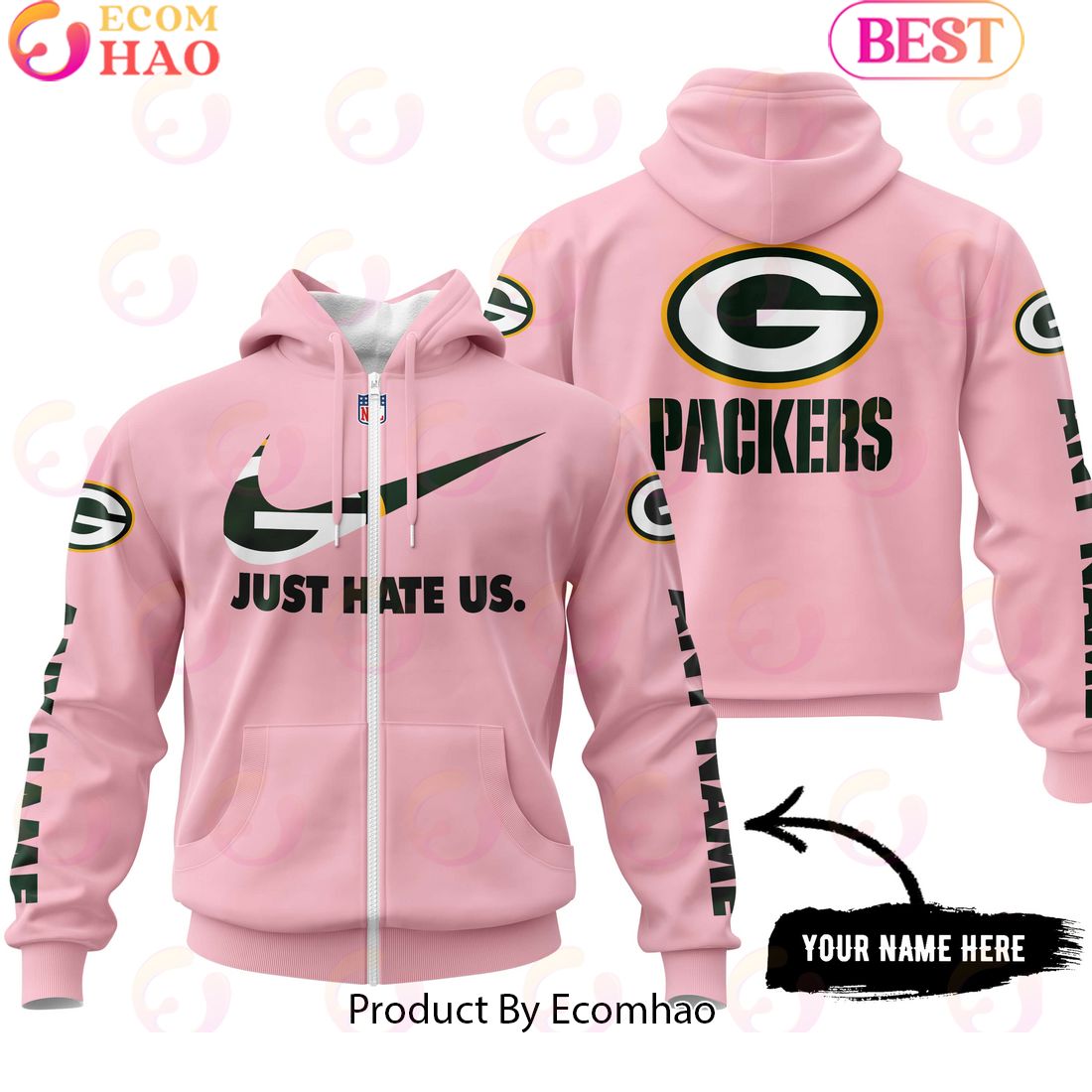 Just Hate Us Pink Custom Name Green Bay Packers Hoodie