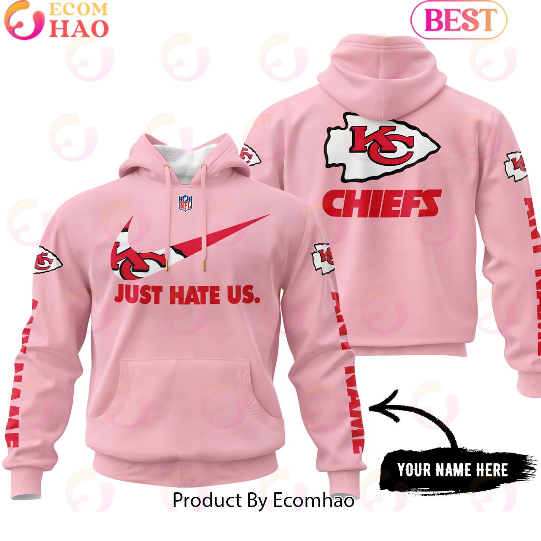 Just Hate Us Pink Custom Name Kansas City Chiefs Hoodie