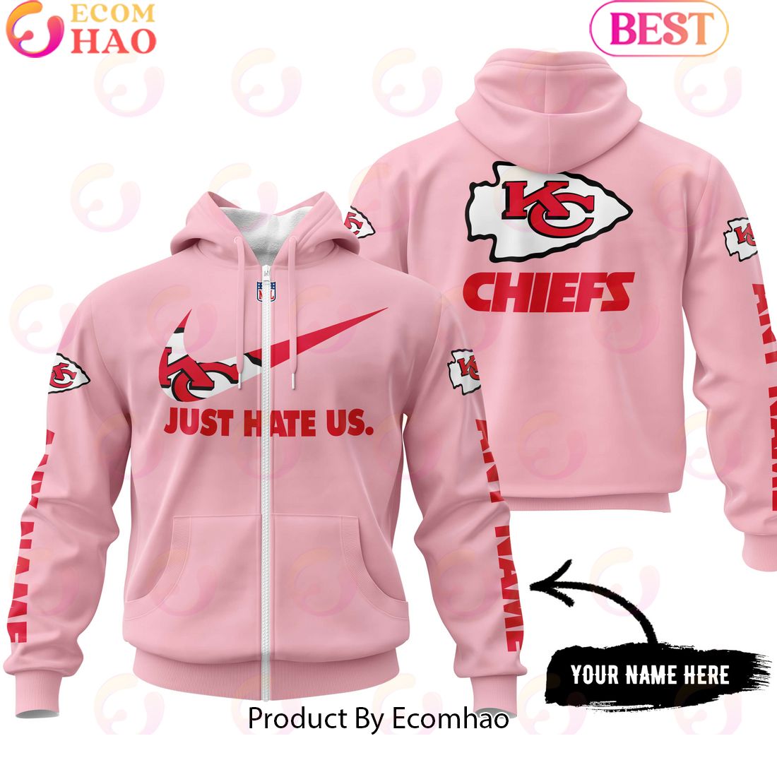 Just Hate Us Pink Custom Name Kansas City Chiefs Hoodie