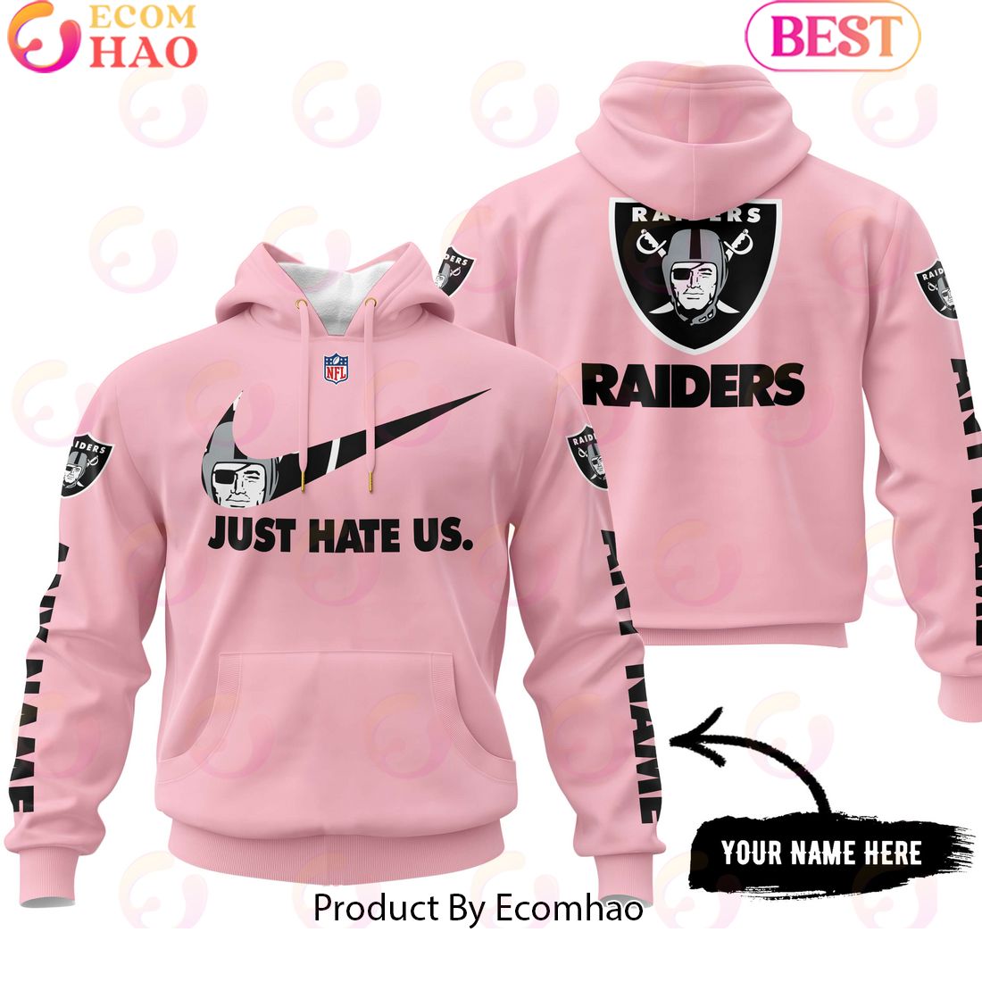 Just Hate Us Pink Custom Name Las Vegas Raiders Hoodie