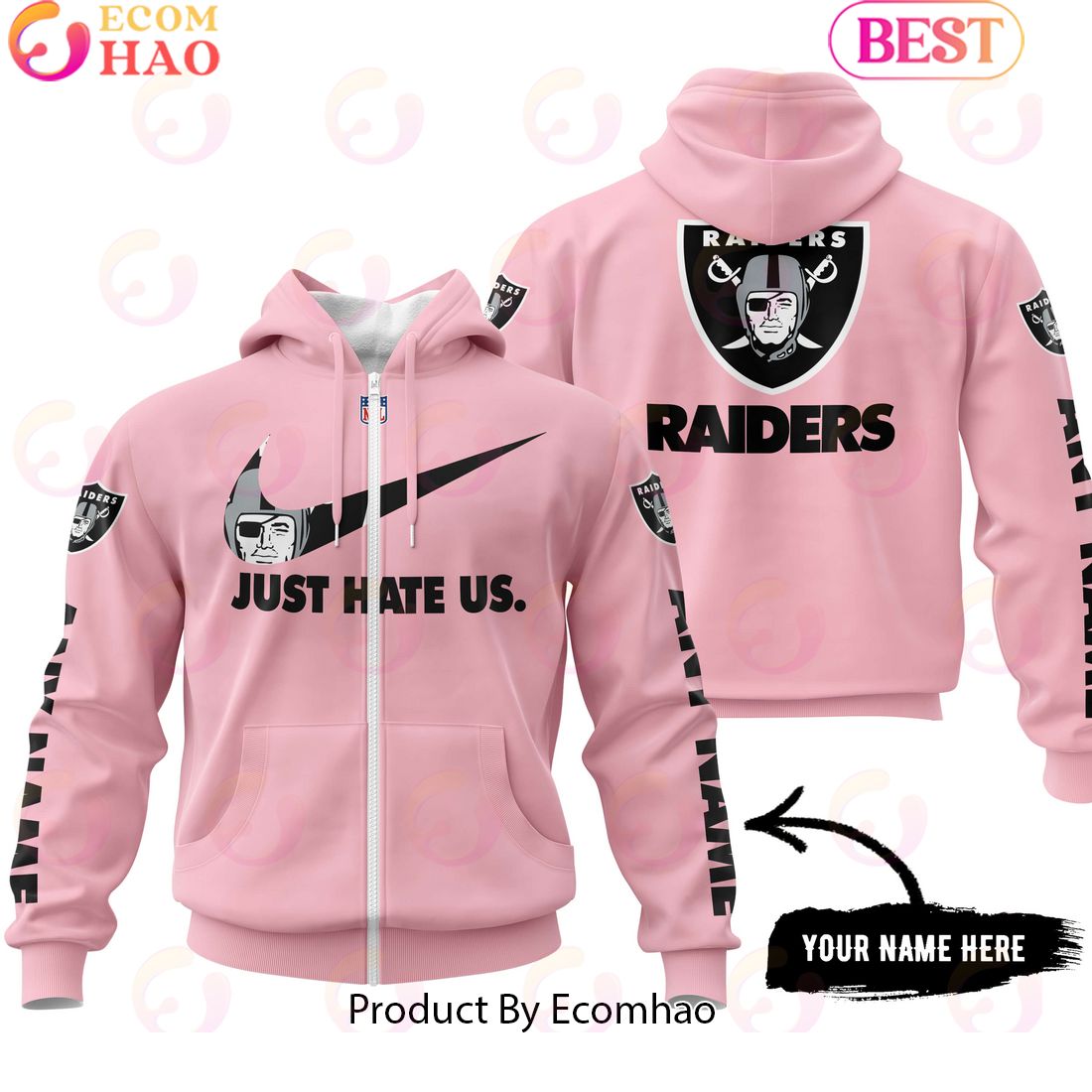 Just Hate Us Pink Custom Name Las Vegas Raiders Hoodie