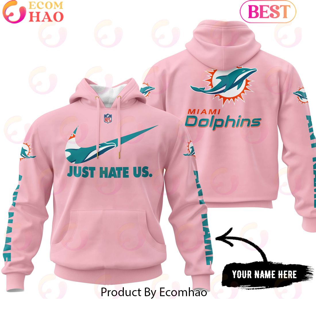 Just Hate Us Pink Custom Name Miami Dolphins Hoodie